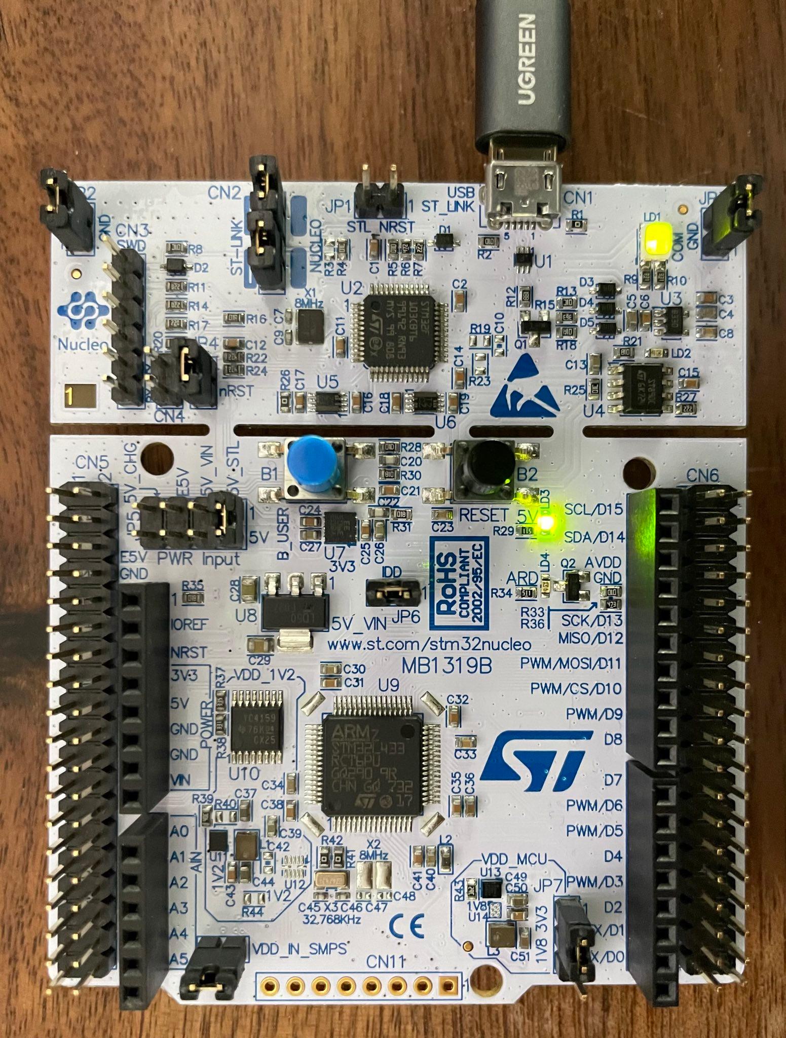 STM32L433RC board with two LEDs turned on